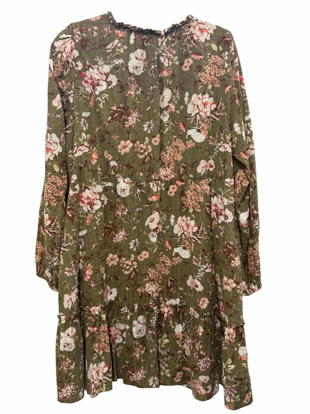 Frye & Co Olive Green Floral Boho Tiered Long Sleeve Dress Women’s XL - Picture 3 of 7